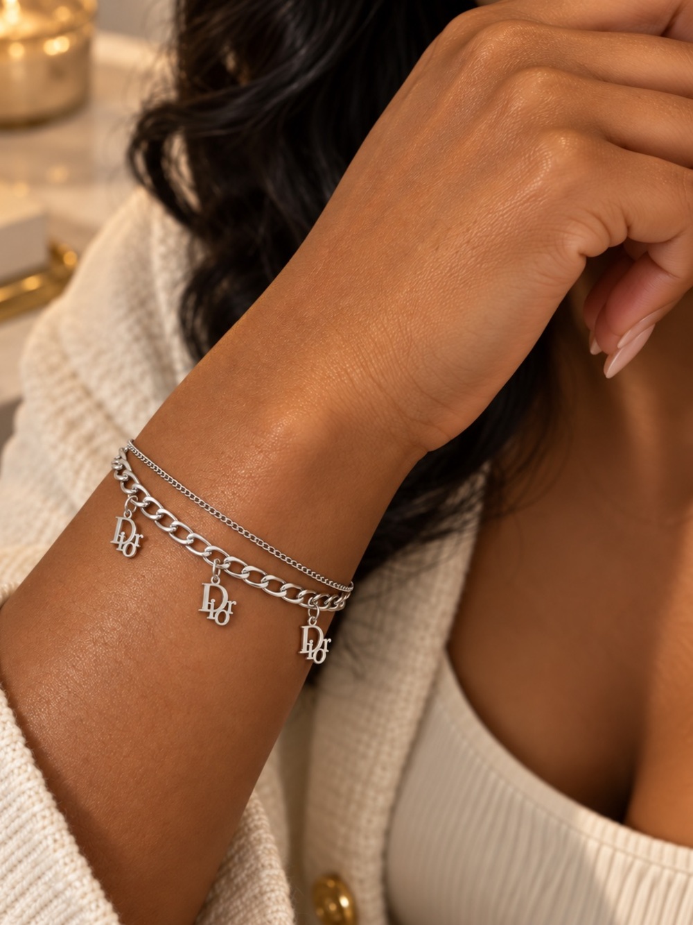 Sterling Silver Double-Layer Charm Bracelet,stainless steel bracelet